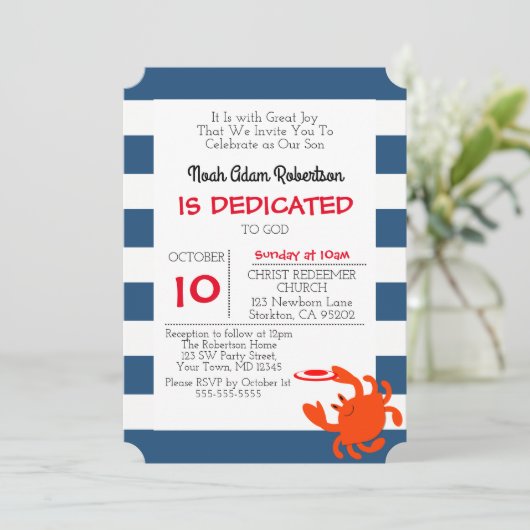 Personalisierte Taufe für Navy Nautical Crab Einladung (Stehend Vorderseite)