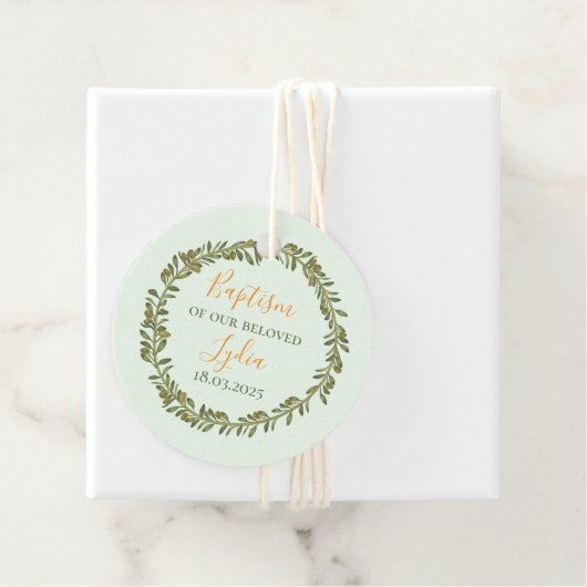 Personalisierte Taufe Gefallen Tag mit Olivenkranz Geschenkanhänger (Beispiel)