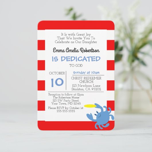 Personalisierte Taufe mit rotem Nautikkrebs Einladung (Stehend Vorderseite)