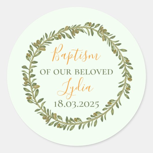 Personalisierte Taufe Olivenhaine Runder Aufkleber (Vorderseite)