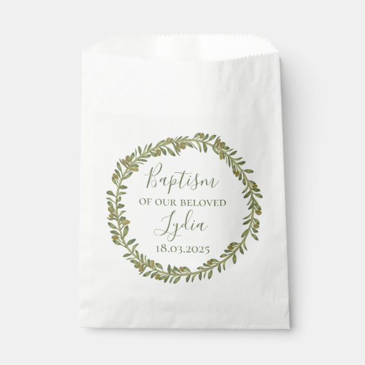 Personalisierte Taufe Tasche mit Olivenkranz Geschenktütchen (Vorderseite)