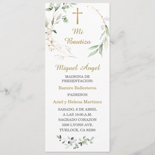 Personalisierte Taufenkarte auf Spanisch Menükarte (Vorderseite)