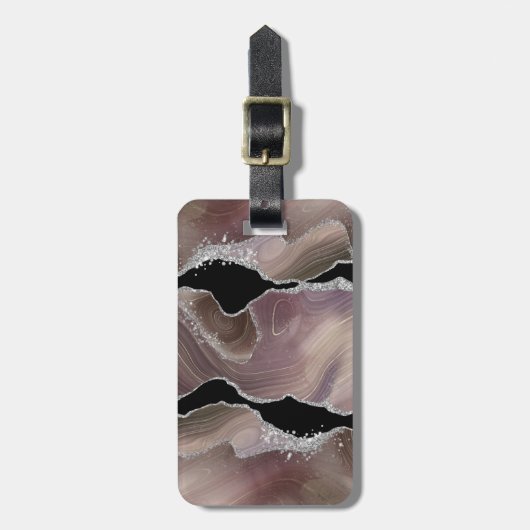 Personalisierte Taupe und Black Agate Silver Glitz Gepäckanhänger (Vorderseite vertikal)