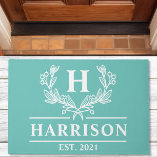Personalisierte Teal-Lorbeer-Monogramm Fußmatte