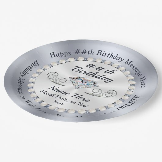 Personalisierte Teller, Karo und Perlen zum Geburt Pappteller (Schrägansicht)