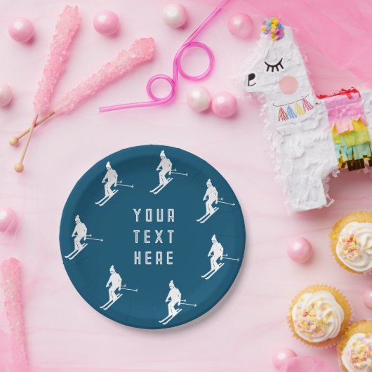 Personalisierte Textskifahrer Ski Blue White Pappteller (Party)