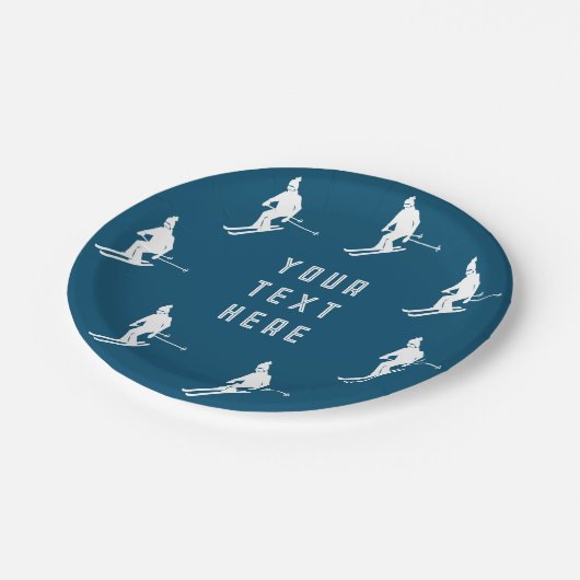 Personalisierte Textskifahrer Ski Blue White Pappteller (Schrägansicht)