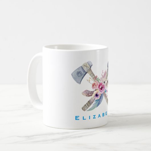 Personalisierte Tomahawk Feathers und Blume Kaffeetasse (Vorderseite Links)