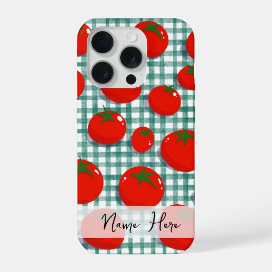 Personalisierte Tomate auf grünem Gingham-Handyhül iPhone Hülle (Rückseite)