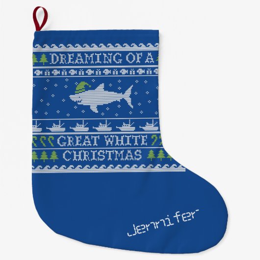 Personalisierte Träume von Great White Shark Blue Großer Weihnachtsstrumpf (Vorderseite)
