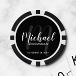 Personalisierte Trauzeugen für Schwarze Schrift Pokerchips<br><div class="desc">Fügen Sie Ihrer Hochzeit eine persönliche Touch mit personalisierten Trauzeugen Poker Chips. Dieses Design zeichnet sich durch den Namen der personalisierten Trauzeugen im modernen, weißen Skript-Schriftart-Stil und Monogramm in grau modernen Drehbuch-Schriftart-Stil als Hintergrund mit Titel und Hochzeitdatum in weiß modernen Sans Serif Schriftart Stil auf schwarzem Hintergrund. Auch perfekt für...</div>