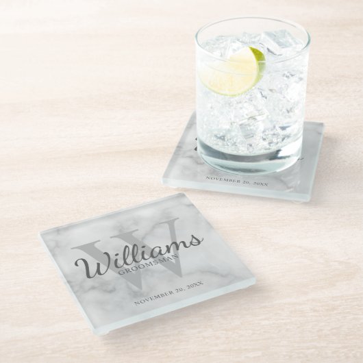 Personalisierte Trauzeugen mit weißem Marmor, klas Glasuntersetzer (Schrägansicht)