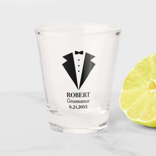 Personalisierte Trauzeugen Tuxedo Schnapsglas (Vorderseite)