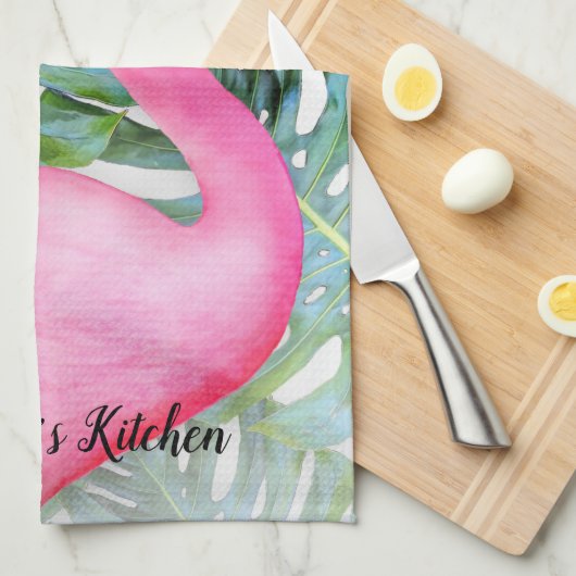 Personalisierte trendy rosa Flamingo Tropische Blä Geschirrtuch (Viertel Falte)