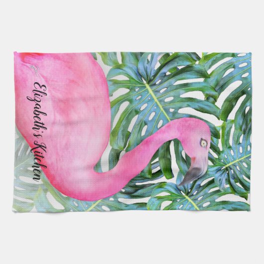 Personalisierte trendy rosa Flamingo Tropische Blä Geschirrtuch (Horizontal)
