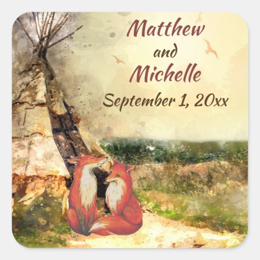 Personalisierte Tribal Tipi und Füchse Teepee Hoch Quadratischer Aufkleber (Vorderseite)