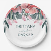 Personalisierte Tropenblumenhochzeit Pappteller (Vorderseite)