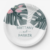Personalisierte Tropenblumenhochzeit Pappteller (Vorderseite)