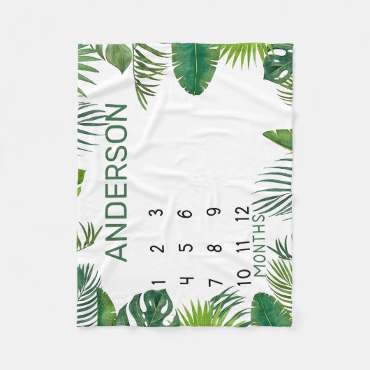 Personalisierte tropische Blätter Monatlicher Meil Fleecedecke (Vorderseite)