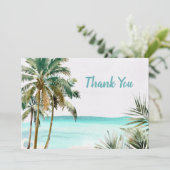 Personalisierte tropische Palmen Blätter Blue Beac Dankeskarte (Stehend Vorderseite)