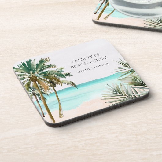 Personalisierte tropische Palmen Blätter Blue Beac Getränkeuntersetzer (Linke Seite)