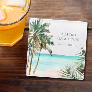 Personalisierte tropische Palmenblätter Blaue Strä Glasuntersetzer
