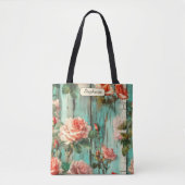 Personalisierte Türkis Shabby Chic Rose Tasche (Vorderseite)