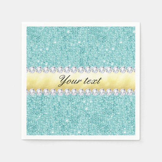 Personalisierte türkisfarbene Sequenzen Gold Diamo Serviette (Vorderseite)