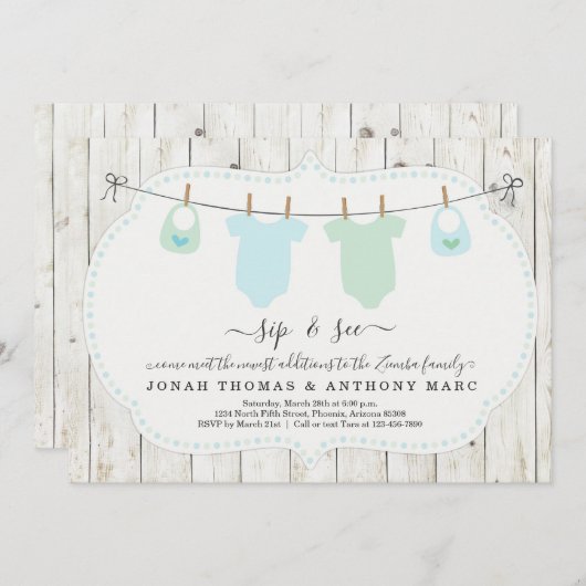 Personalisierte Twin Boys Sip and See Einladung (Vorne/Hinten)