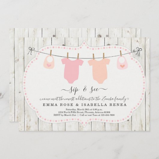 Personalisierte Twin Girls Sip and See Einladung (Vorne/Hinten)