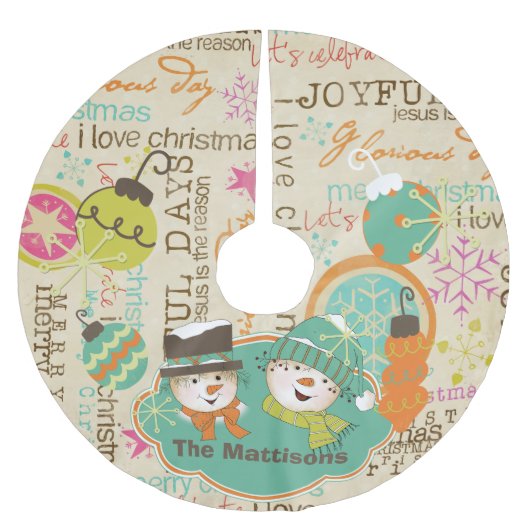 Personalisierte Typografie Snowmen Holiday Tree Sk Polyester Weihnachtsbaumdecke (Vorderseite)