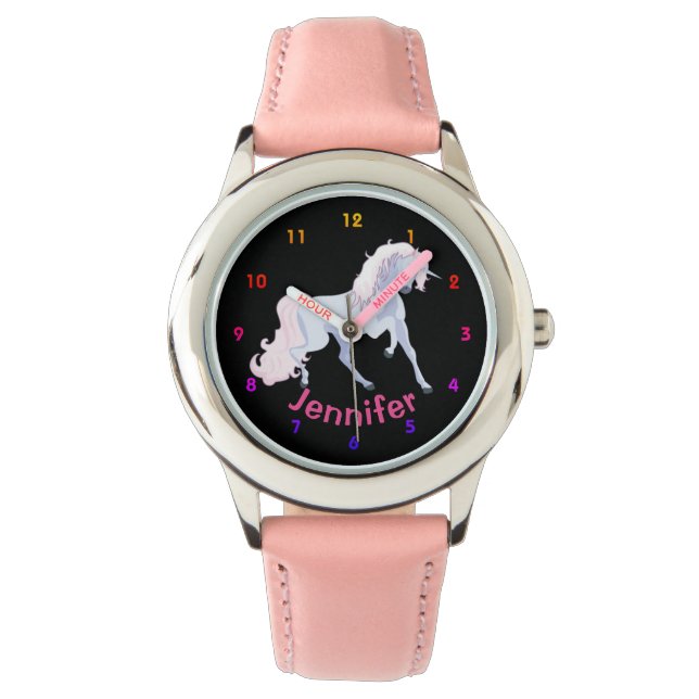 Personalisierte UNICORN Girls sehen rosa Herzen Armbanduhr (Vorderseite)