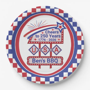 Personalisierte USA 250 – Patriotische Retro-Marki Pappteller