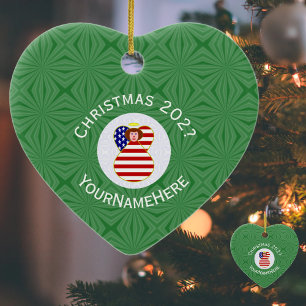 Personalisierte USA-Engel-Weihnachtsflagge Rote Ha Keramik Ornament