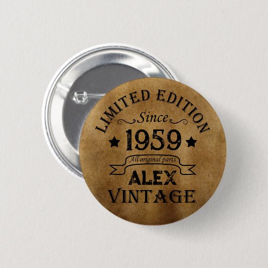 Personalisierte Vintage 65. Geburtstagsparty Button (Vorne & Hinten)