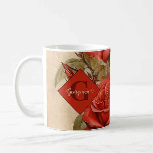 Personalisierte Vintage Aquarellblumen-Rote Rosen Kaffeetasse (Links)