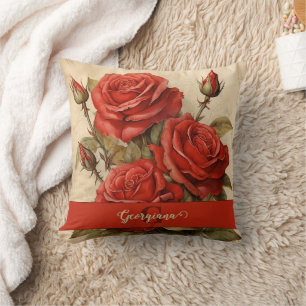 Personalisierte Vintage Aquarellblumen-Rote Rosen Kissen