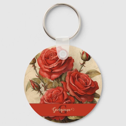 Personalisierte Vintage Aquarellblumen-Rote Rosen Schlüsselanhänger (Vorderseite)