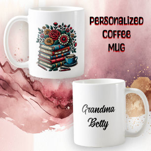 Personalisierte Vintage-Bücher, Kaffee und Blumen Kaffeetasse