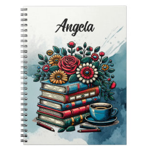 Personalisierte Vintage-Bücher, Kaffee und Blumen Notizblock