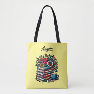 Personalisierte Vintage-Bücher, Kaffee und Blumen Tasche