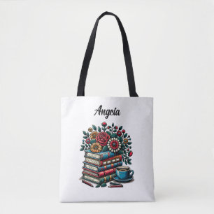 Personalisierte Vintage-Bücher, Kaffee und Blumen Tasche
