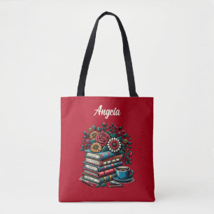 Personalisierte Vintage-Bücher, Kaffee und Blumen Tasche