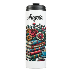 Personalisierte Vintage-Bücher, Kaffee und Blumen Thermosbecher
