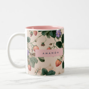 Personalisierte Vintage Erdbeere Botanische Blüte Zweifarbige Tasse