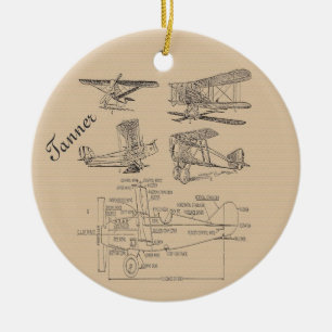 Personalisierte Vintage-Flugzeugskizzen Keramik Ornament