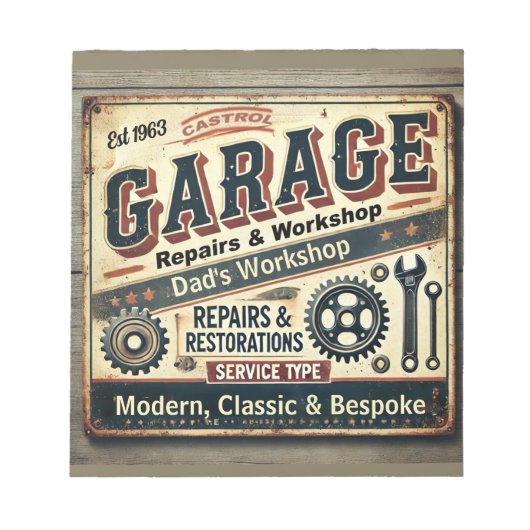 Personalisierte Vintage Garage Notepad Notizblock (Vorderseite)