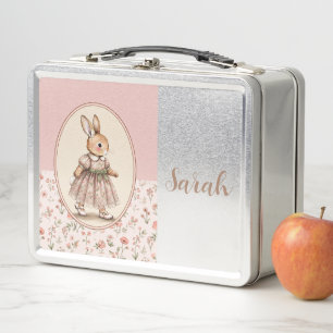 Personalisierte Vintage-Häschen-Mädchen-Rosa-Lunch Metall Brotdose