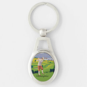 Personalisierte Vintage-Hochland-Golfszene Schlüsselanhänger