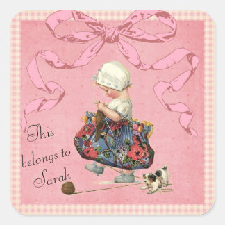 Personalisierte Vintage-Mode Mädchen Rosa Band Quadratischer Aufkleber